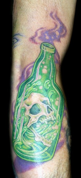 Angela Leaf - Color skull in liquor bottle tattoo